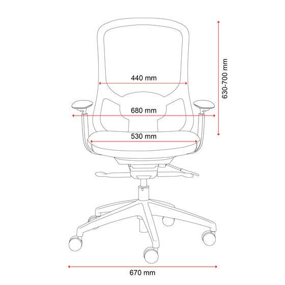 Front line drawing of the Buro Quantum chair with arms marked with a 440mm back, 680mm overall width, 530mm seat and 670mm base