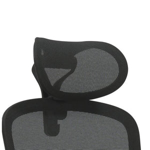 Close view of the Buro 169-HDREST black mesh headrest mounted on a central stem above a black mesh chair back
