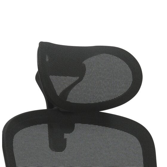 Close view of the Buro 169-HDREST black mesh headrest mounted on a central stem above a black mesh chair back