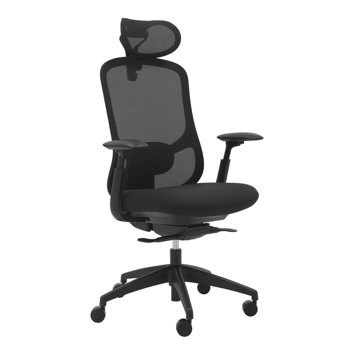 Black Buro Quantum mesh back office chair with arms, shown with the black mesh headrest fitted at the top of the backrest