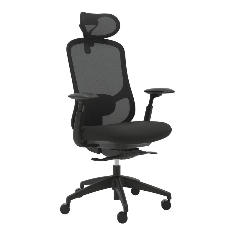 Black Buro Quantum mesh back office chair with arms, shown with the black mesh headrest fitted at the top of the backrest