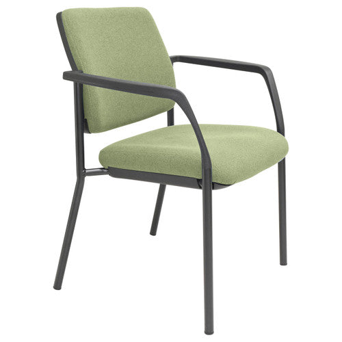 Buro Lindis 4 leg guest chair with arms, black powdercoat frame and Safetex Olive upholstery, front view