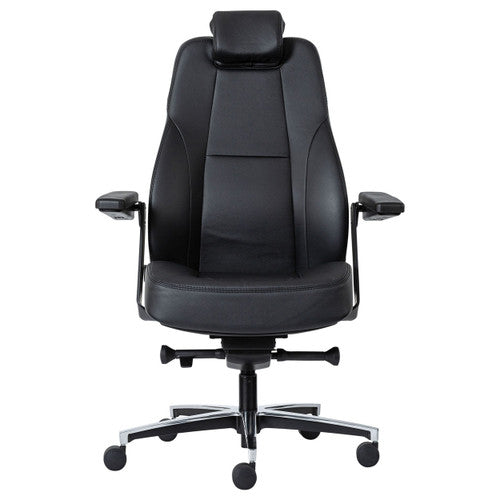 Side profile of Buro Maverick 24/7 leather controller chair showing extra-high backrest and headrest