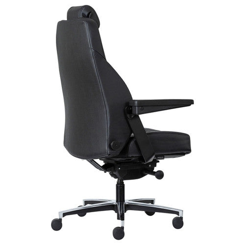 Close-up of Buro Maverick adjustable headrest and upper backrest detail in black leather