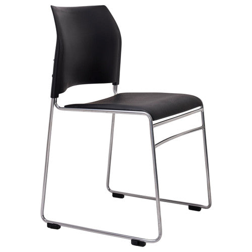Buro Maxim sled base chair with silver powdercoat frame and black vinyl seat, front view