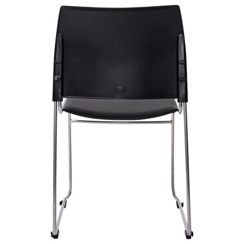 Close-up of black vinyl upholstered seat pad on Buro Maxim sled chair