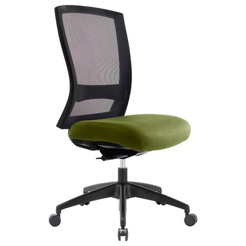 Buro Mentor mesh back chair in Safetex Olive with black nylon base, no arms, front view