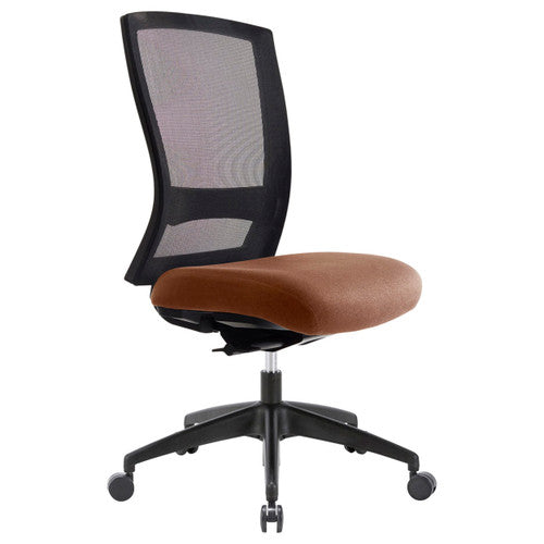 Buro Mentor mesh back chair with black nylon base and no arms in Rust SafeTex fabric, front view