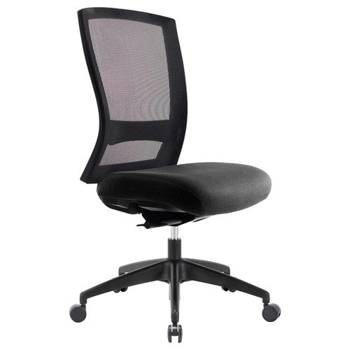 Buro Mentor mesh back office chair with black nylon base in Charcoal SafeTex fabric, no arms, front view