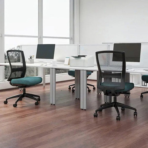 Rear view of Buro Mentor mesh back chair highlighting black nylon base and 60mm PU castors