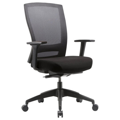 Buro Mentor mesh office chair with black nylon base and adjustable arms, front view