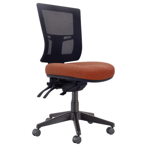 Buro Metro II 24/7 mesh mid back chair with nylon base in Safetex Rust upholstery, no arms, front view