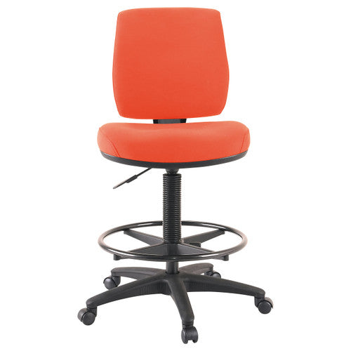 Buro Roma red drafting chair showing adjustable foot ring and gas lift