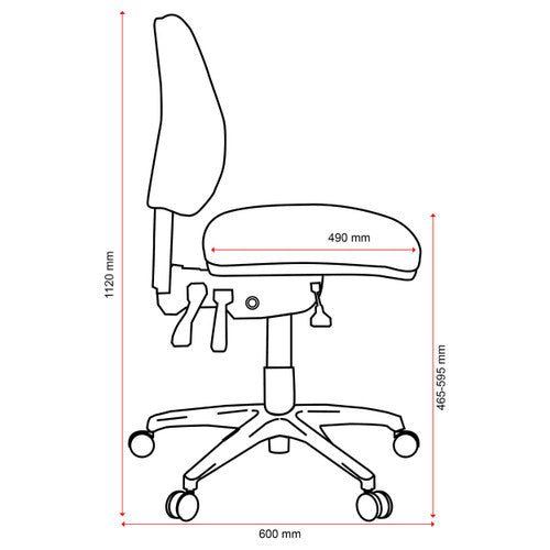 Under-seat view of Buro Roma showing three-lever adjustment mechanism and gas lift