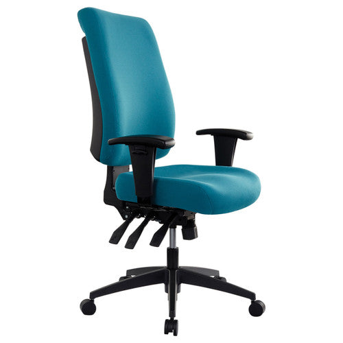 Buro Tidal High Back Chair fully upholstered in teal fabric with black adjustable arms, front view
