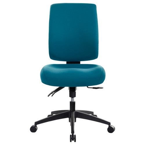 Side profile of Buro Tidal teal ergonomic chair showing backrest contour and black nylon base