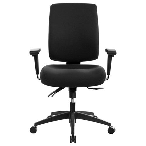 Side profile of Buro Tidal black fabric office chair showing contoured backrest and seat depth