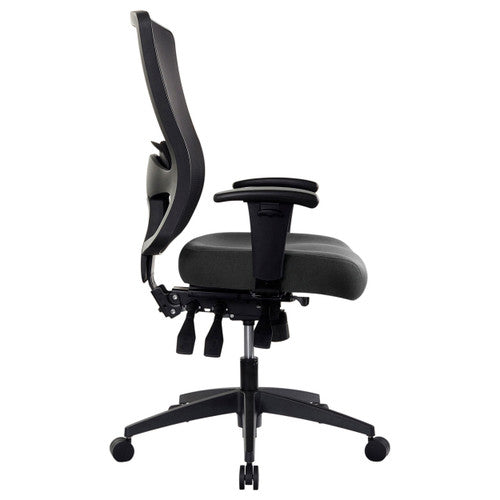 Side profile of Buro Tidal Mesh High Back Chair showing backrest height and seat depth