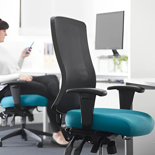 Buro Tidal Teal chair with Australian Made and AFRDI Level 6 certification marks