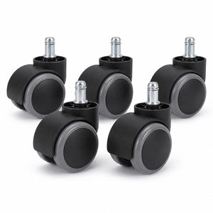 Product view of five Buro Soft PU 60mm chair castors against a clean white background, clearly showing the black housings, grey polyurethane wheel edges and individual silver mounting stems.