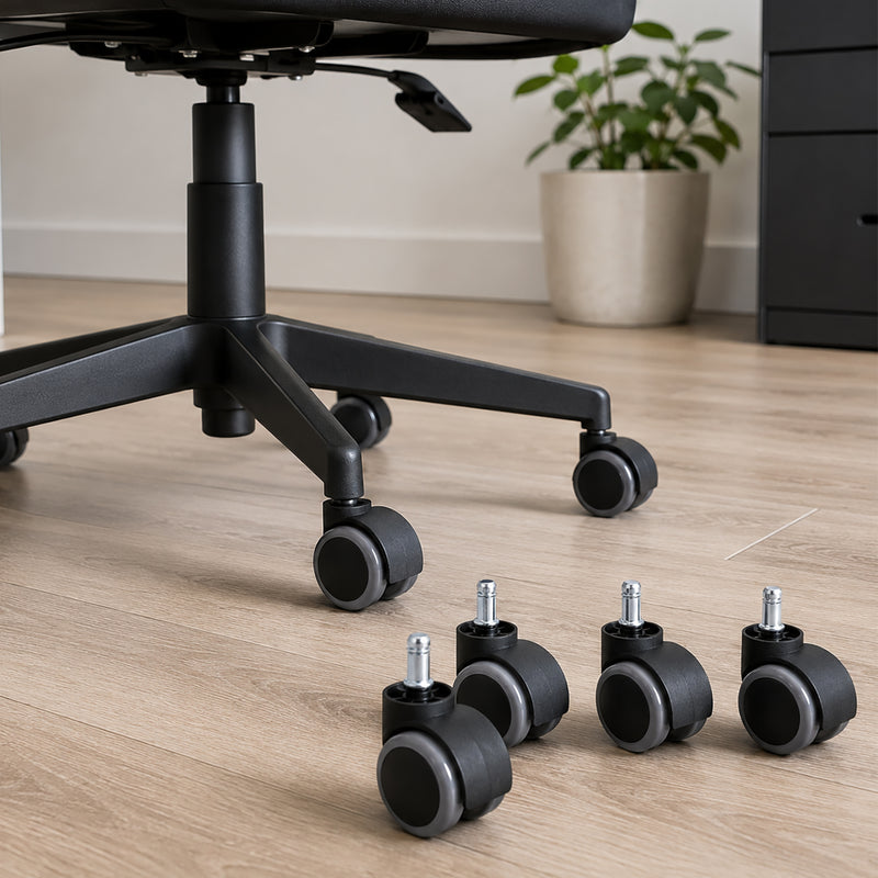 Buro office chair fitted with soft PU castors on a timber floor with four replacement wheels displayed nearby, highlighting the 60mm wheel design, metal stems and floor friendly polyurethane rolling surfaces.