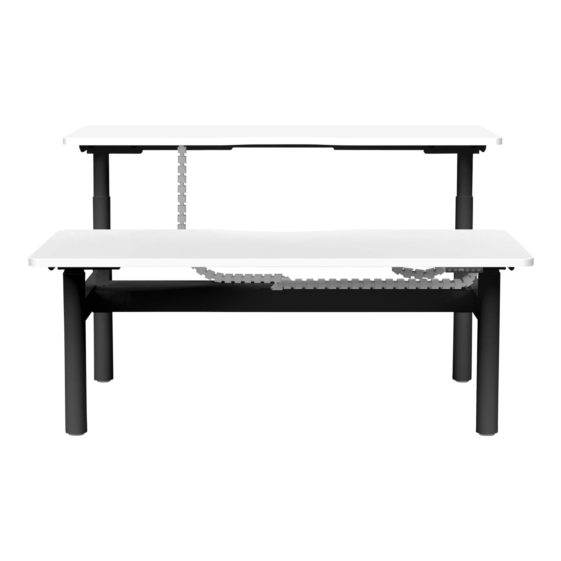 Front angle view of Buro Syntra Back to Back Height Adjustable Desk 1500 x 750mm Black Top White Frame against a white studio background