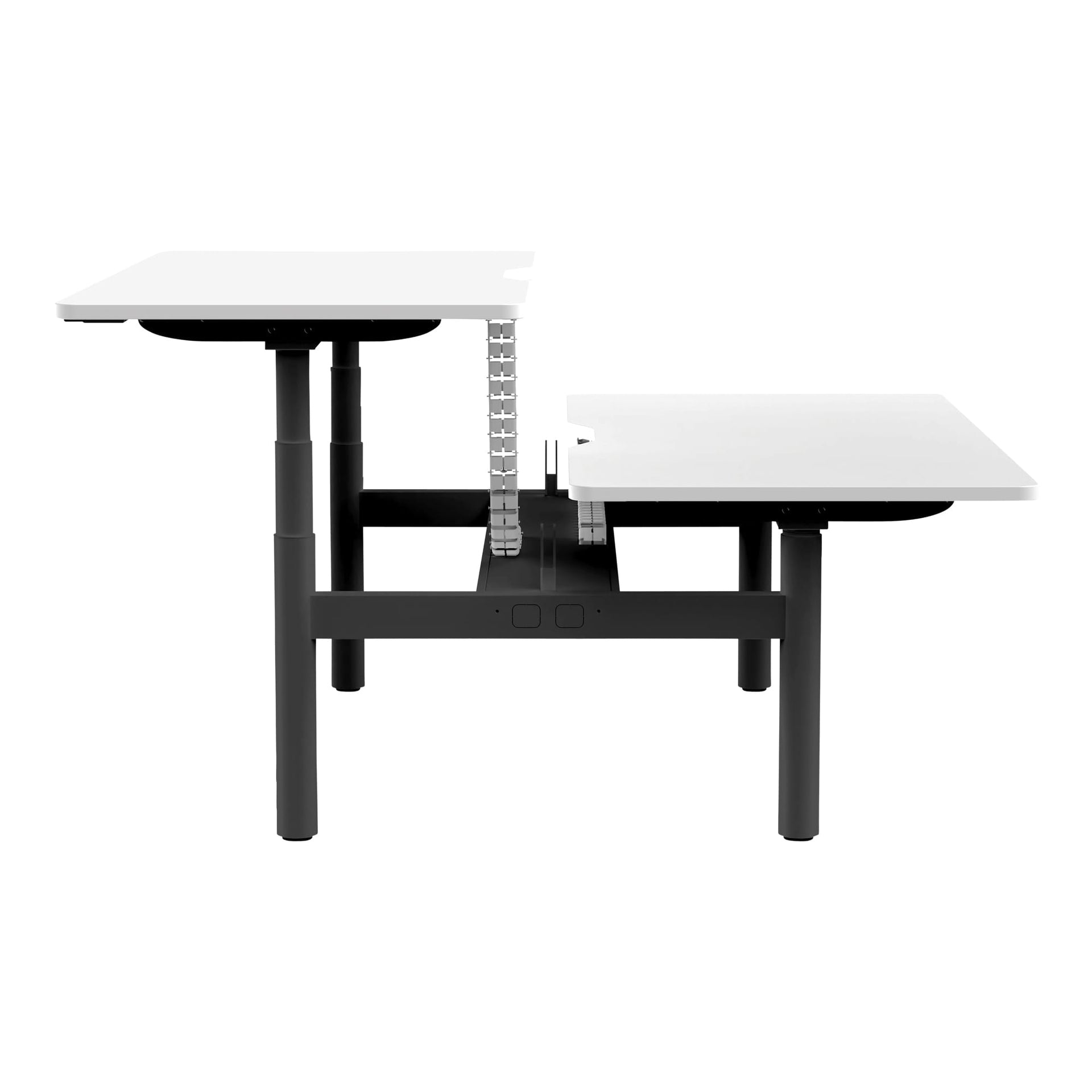 Alternate angle of Buro Syntra Back to Back Height Adjustable Desk 1500 x 750mm Black Top White Frame showing profile and construction detail