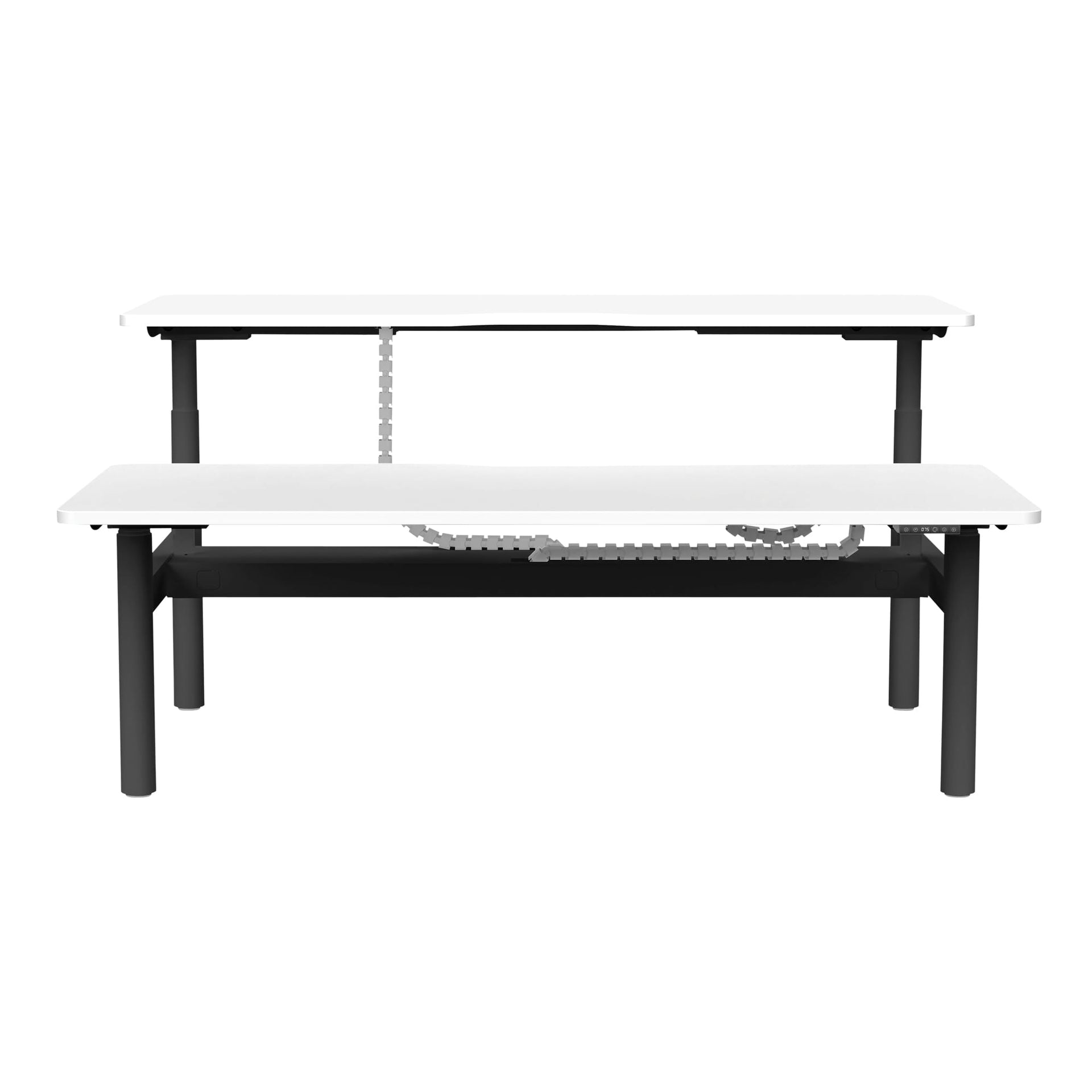 Front angle view of Buro Syntra Back to Back Height Adjustable Desk 1800 x 750mm Black Top White Frame against a white studio background
