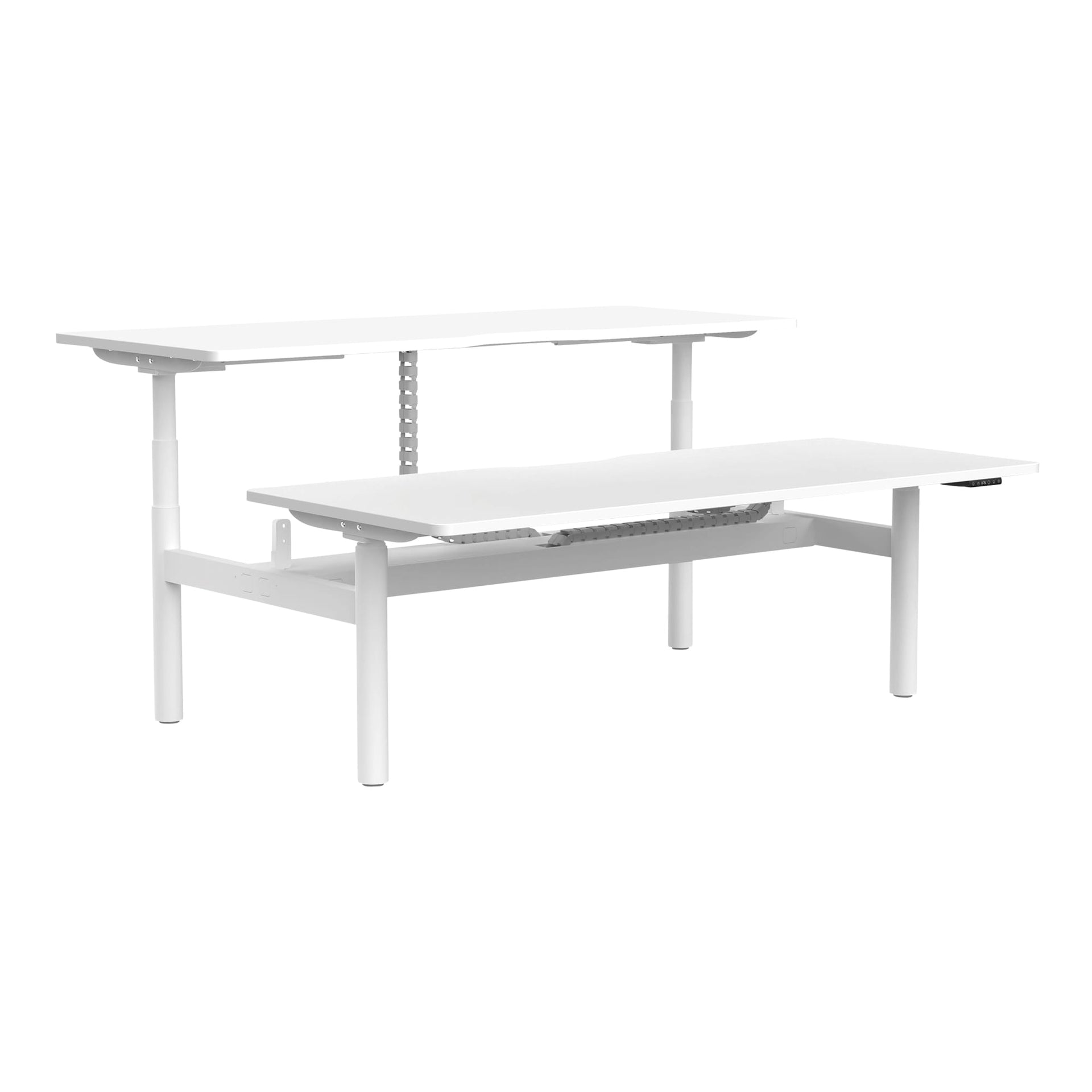 Front angle view of Buro Syntra Back to Back Height Adjustable Desk 1800 x 750mm White Top White Frame against a white studio background