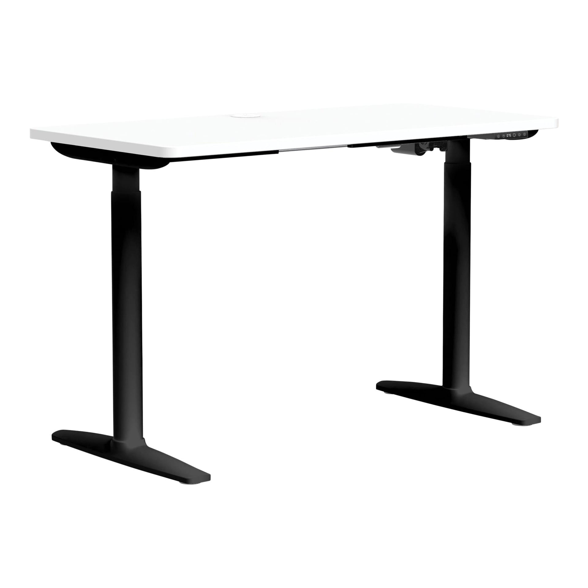 Front angle view of Buro Syntra Height Adjustable Desk 1200 x 600mm Black Top White Frame against a white studio background