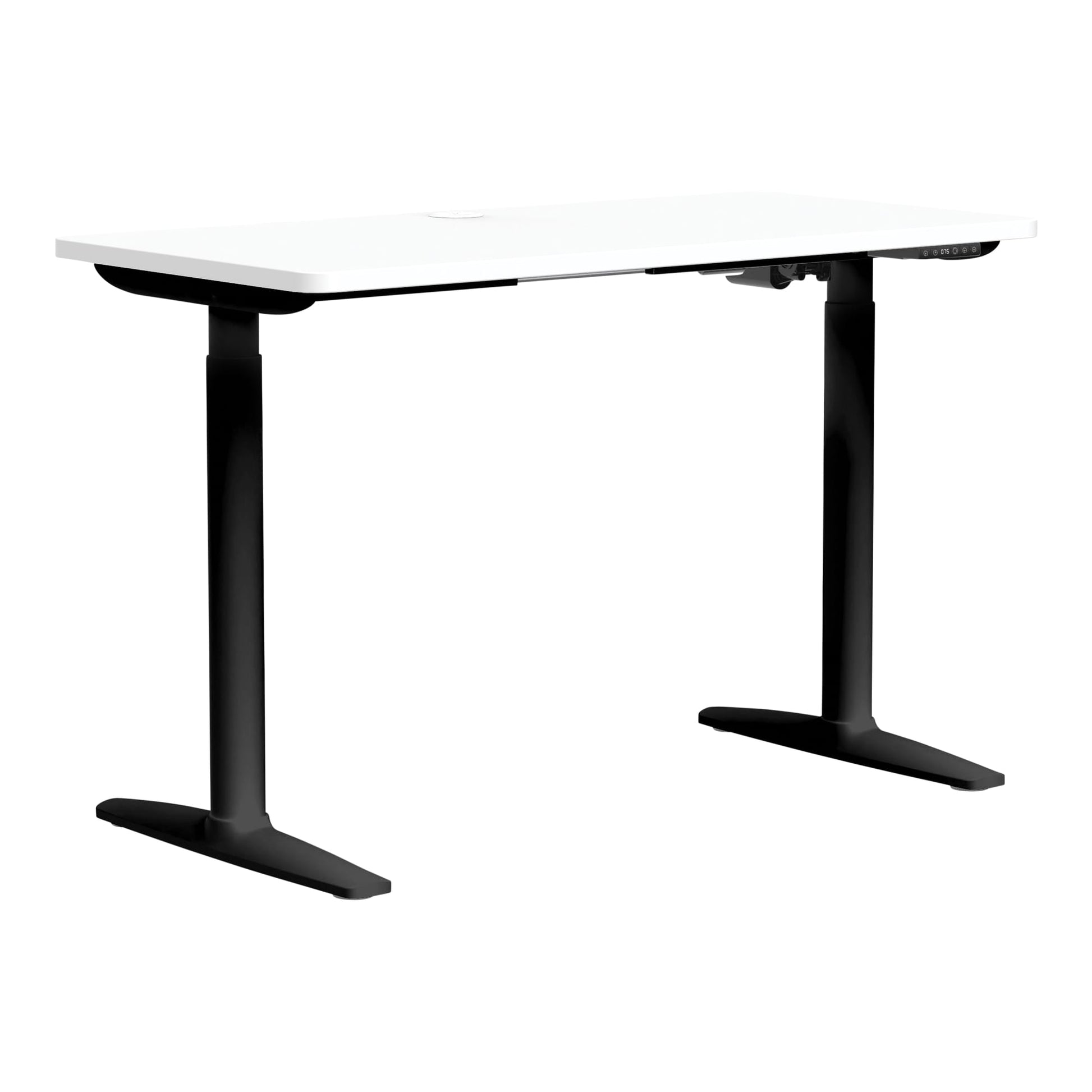 Front angle view of Buro Syntra Height Adjustable Desk 1200 x 600mm Black Top White Frame against a white studio background