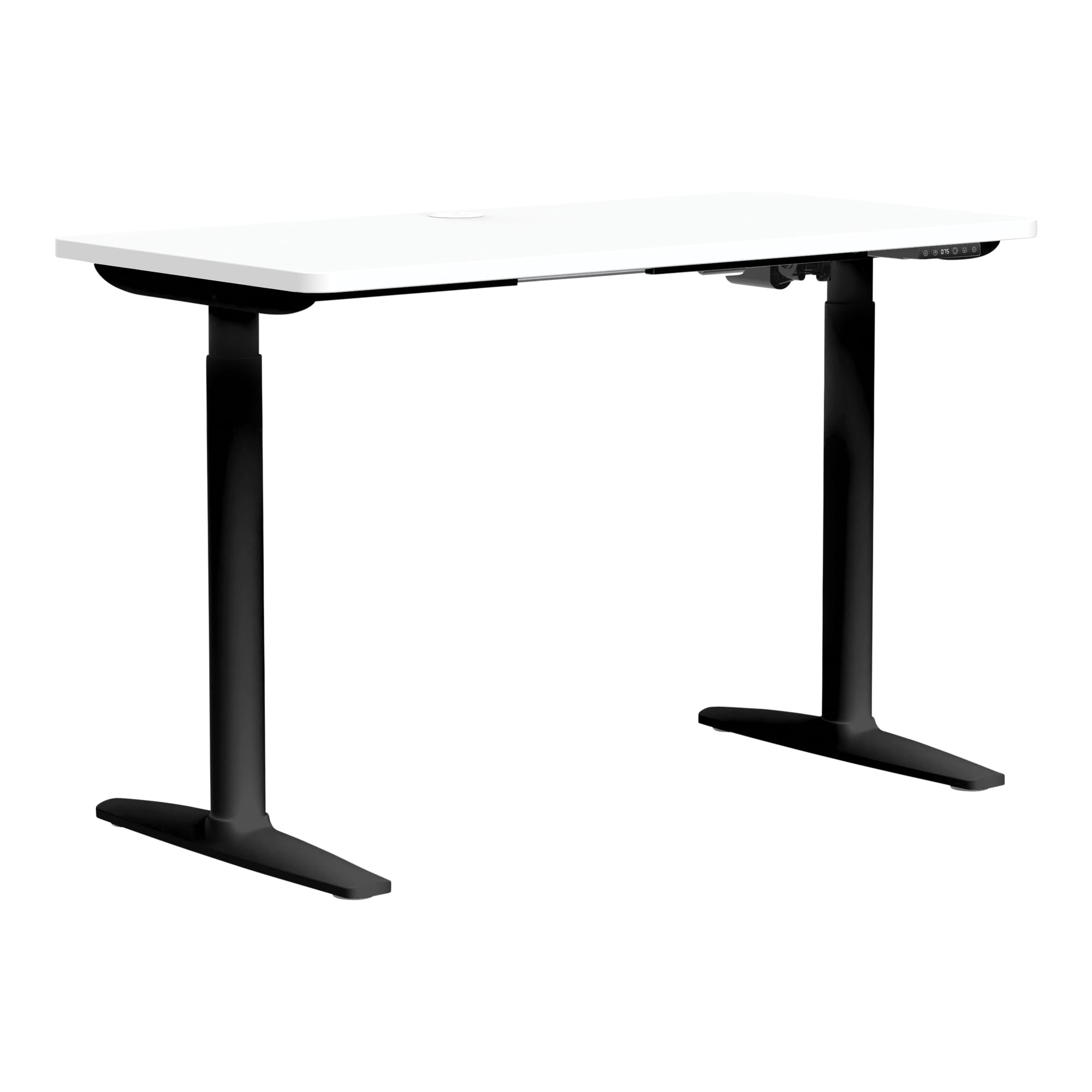 Front angle view of Buro Syntra Height Adjustable Desk 1200 x 600mm Black Top White Frame against a white studio background