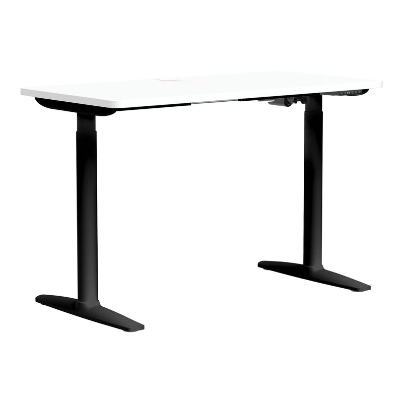 Front angle view of Buro Syntra Height Adjustable Desk 1200 x 600mm Black Top White Frame against a white studio background