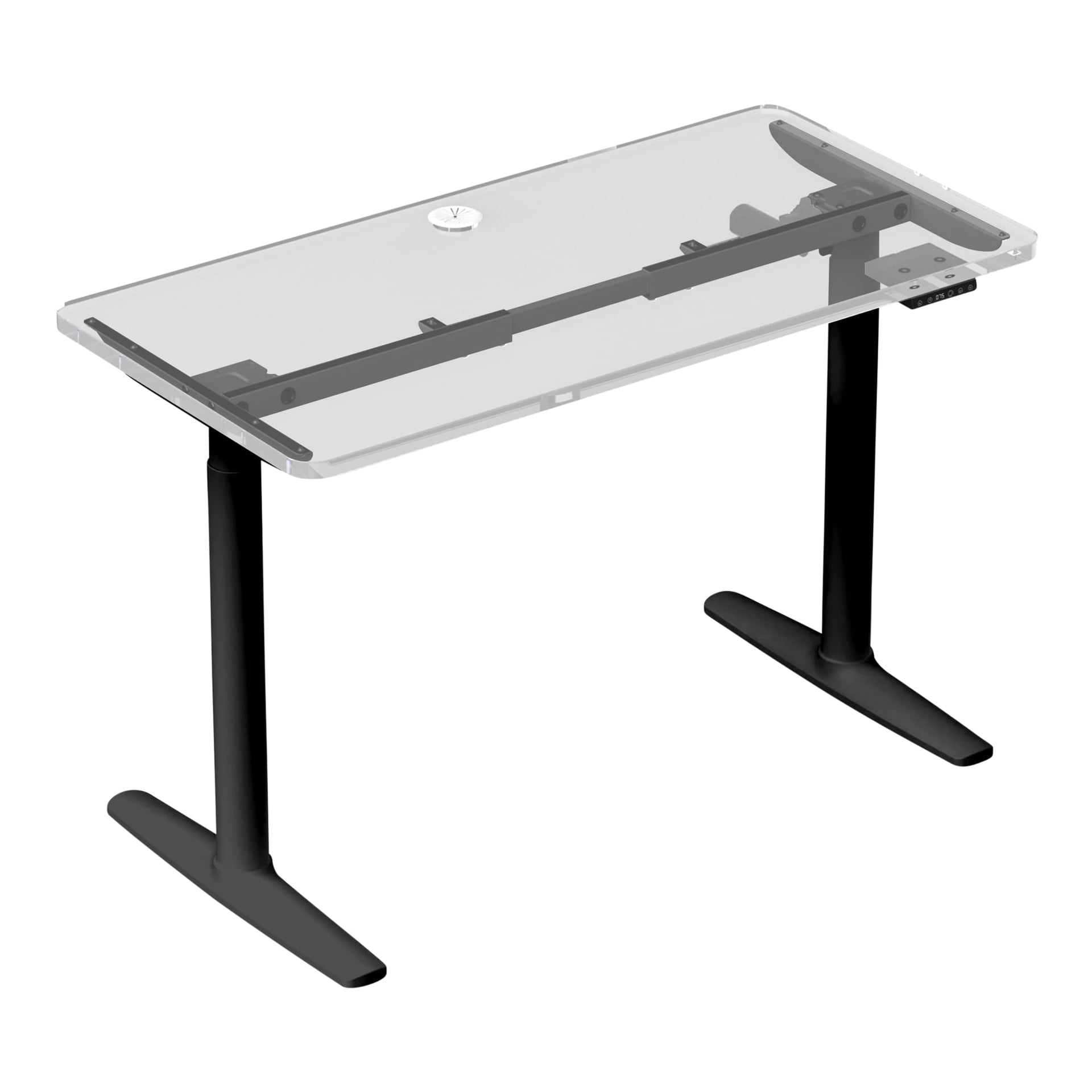 Alternate angle of Buro Syntra Height Adjustable Desk 1200 x 600mm Black Top White Frame showing profile and construction detail