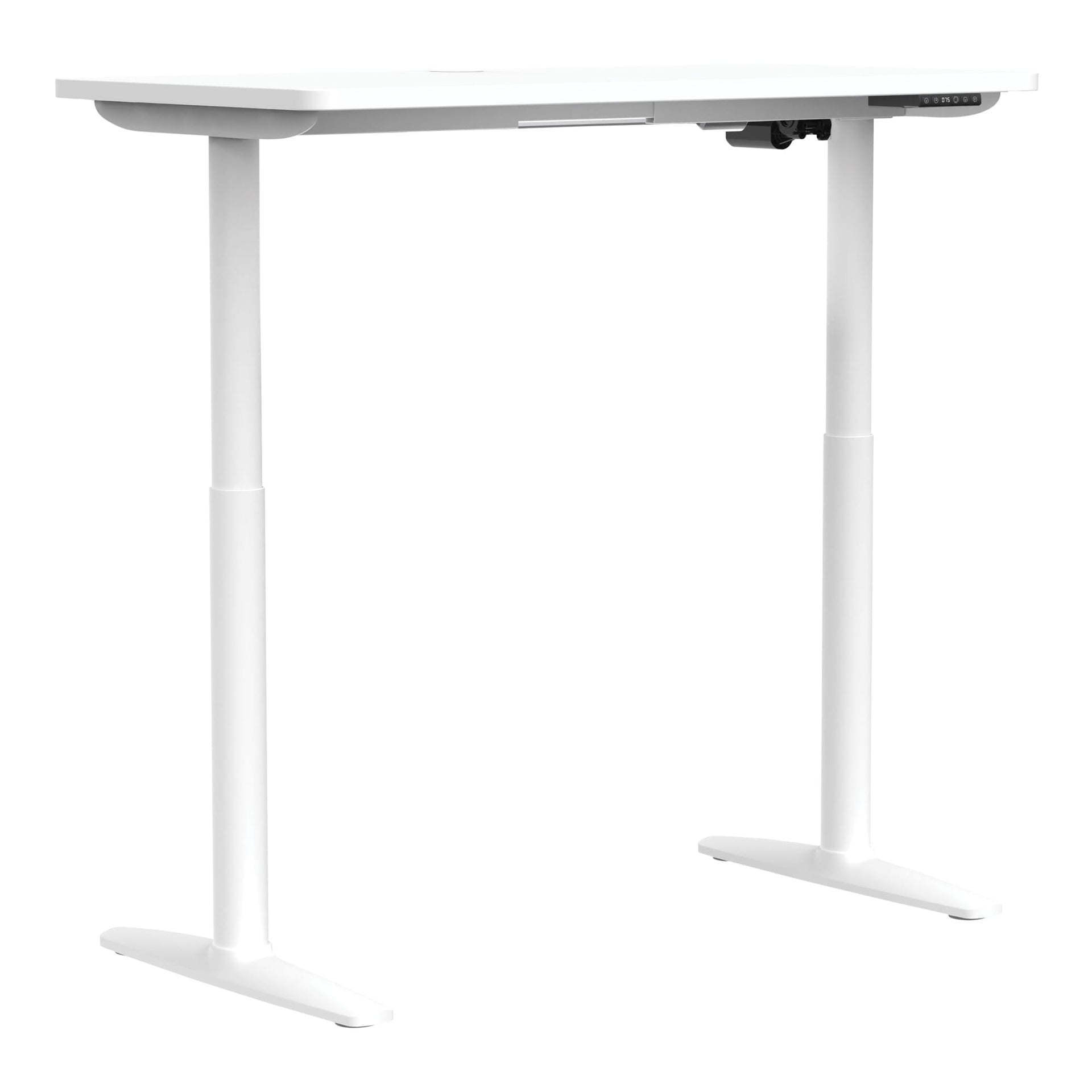 Front angle view of Buro Syntra Height Adjustable Desk 1200 x 600mm White Top White Frame against a white studio background