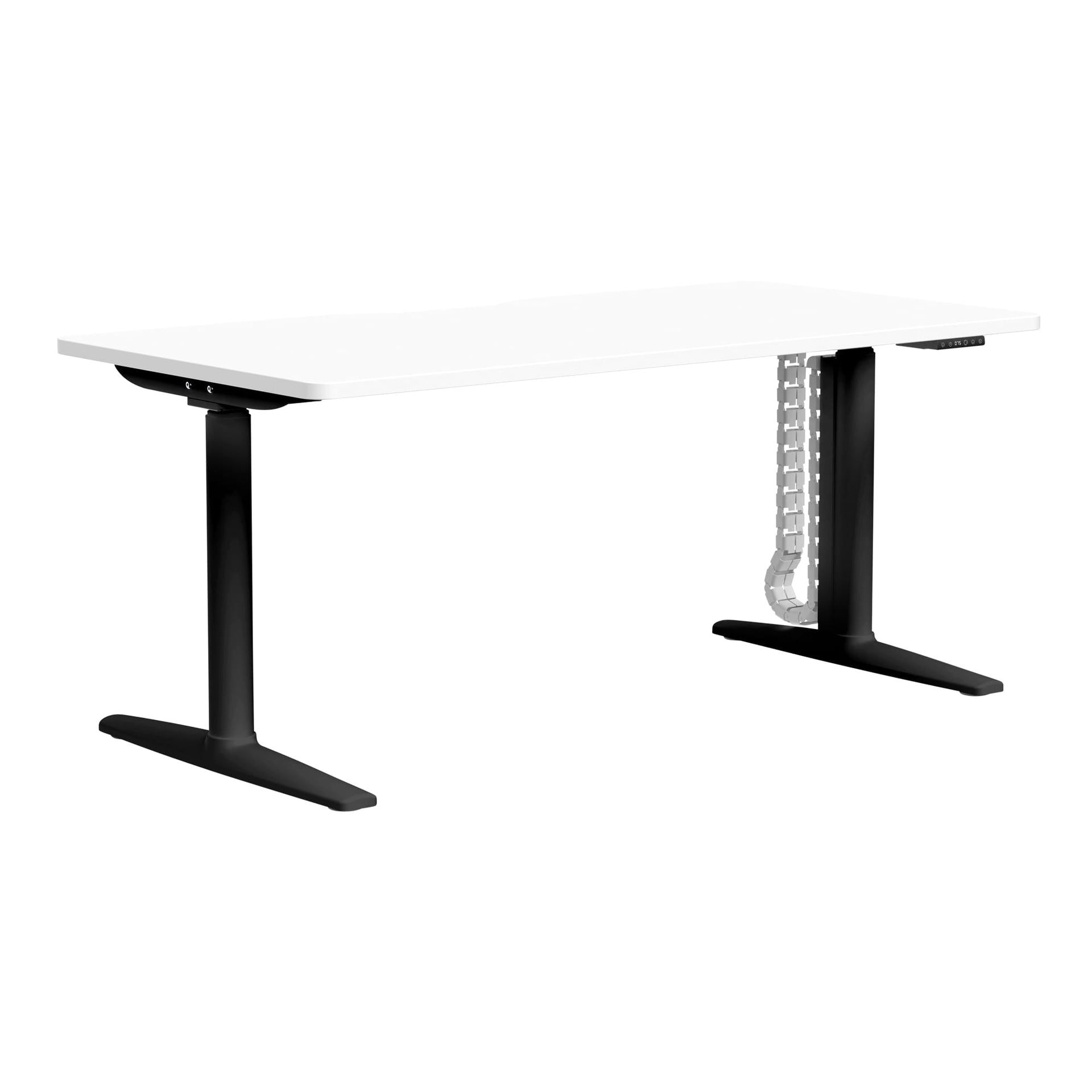 Front angle view of Buro Syntra Height Adjustable Desk 1500 x 750mm Black Top White Frame against a white studio background