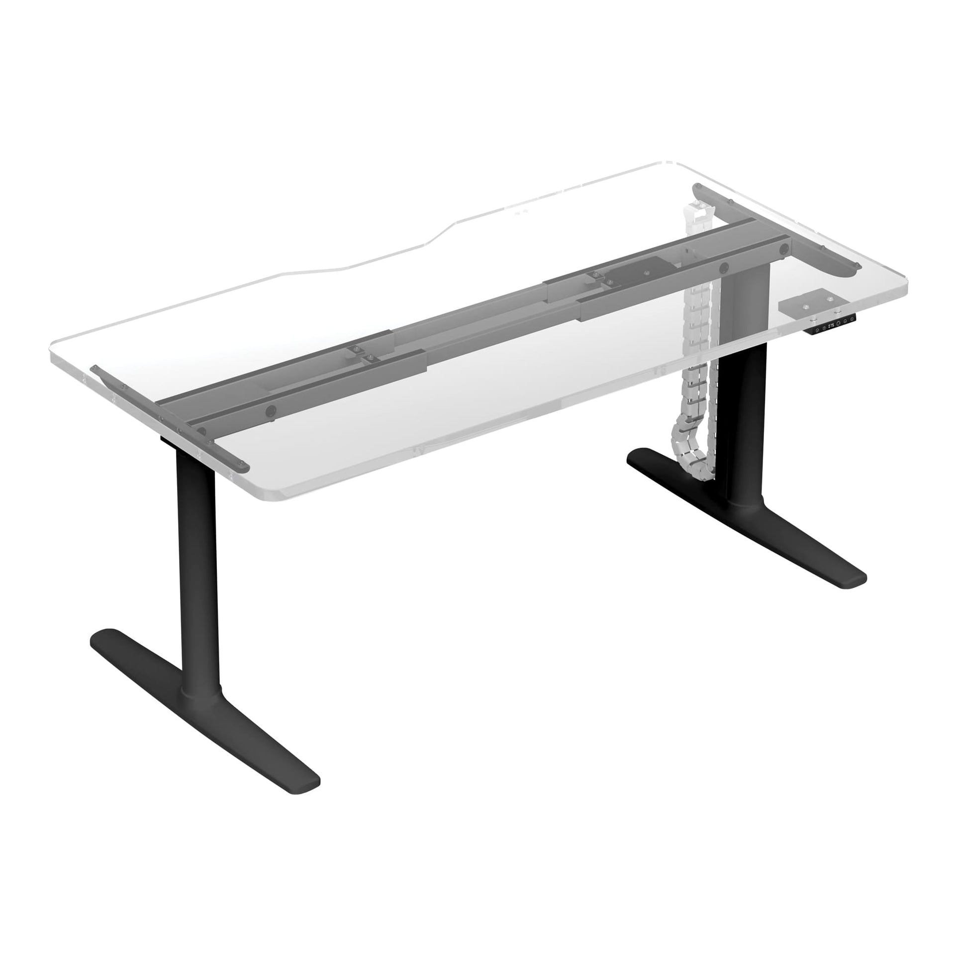 Alternate angle of Buro Syntra Height Adjustable Desk 1500 x 750mm Black Top White Frame showing profile and construction detail