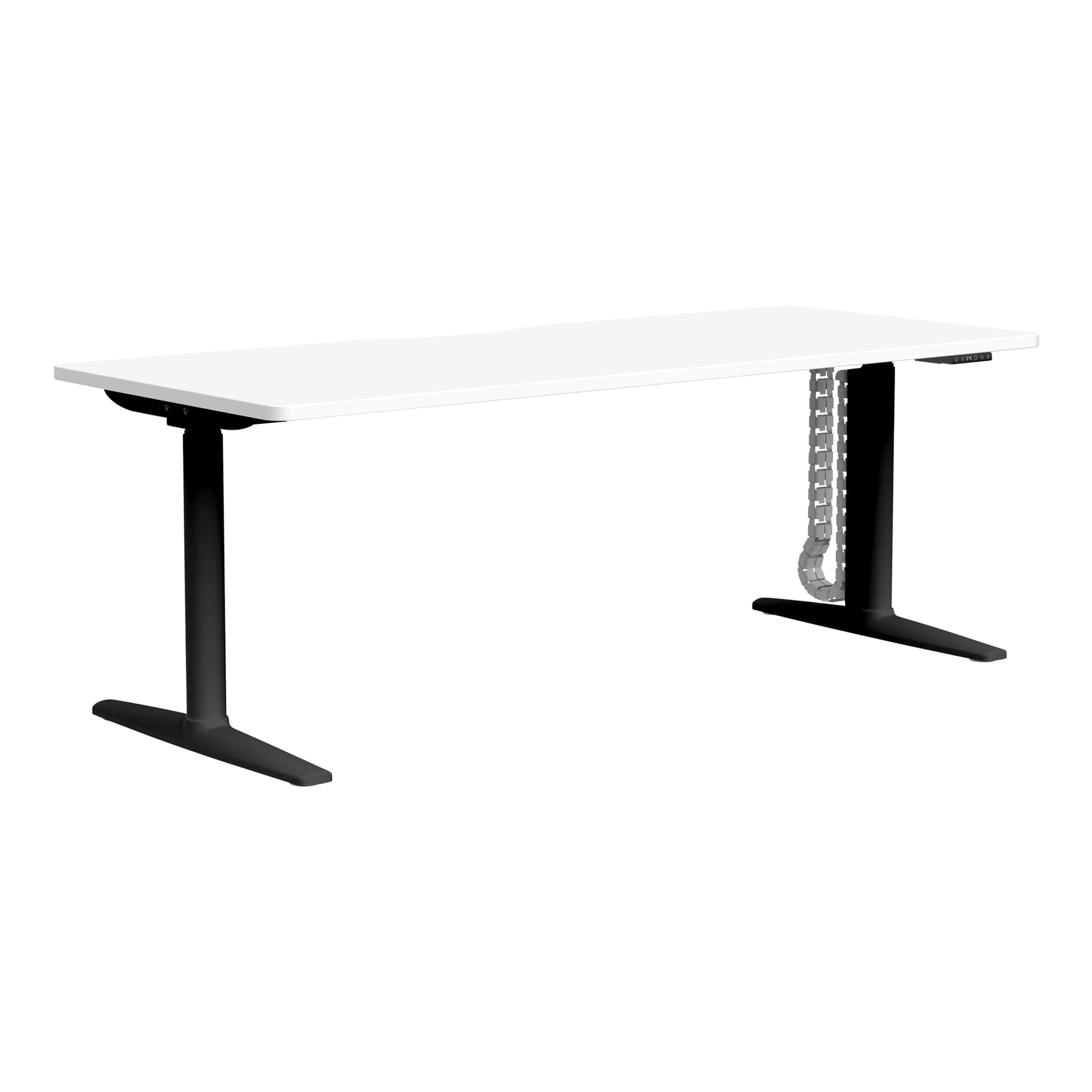 Front angle view of Buro Syntra Height Adjustable Desk 1800 x 750mm Black Top White Frame against a white studio background