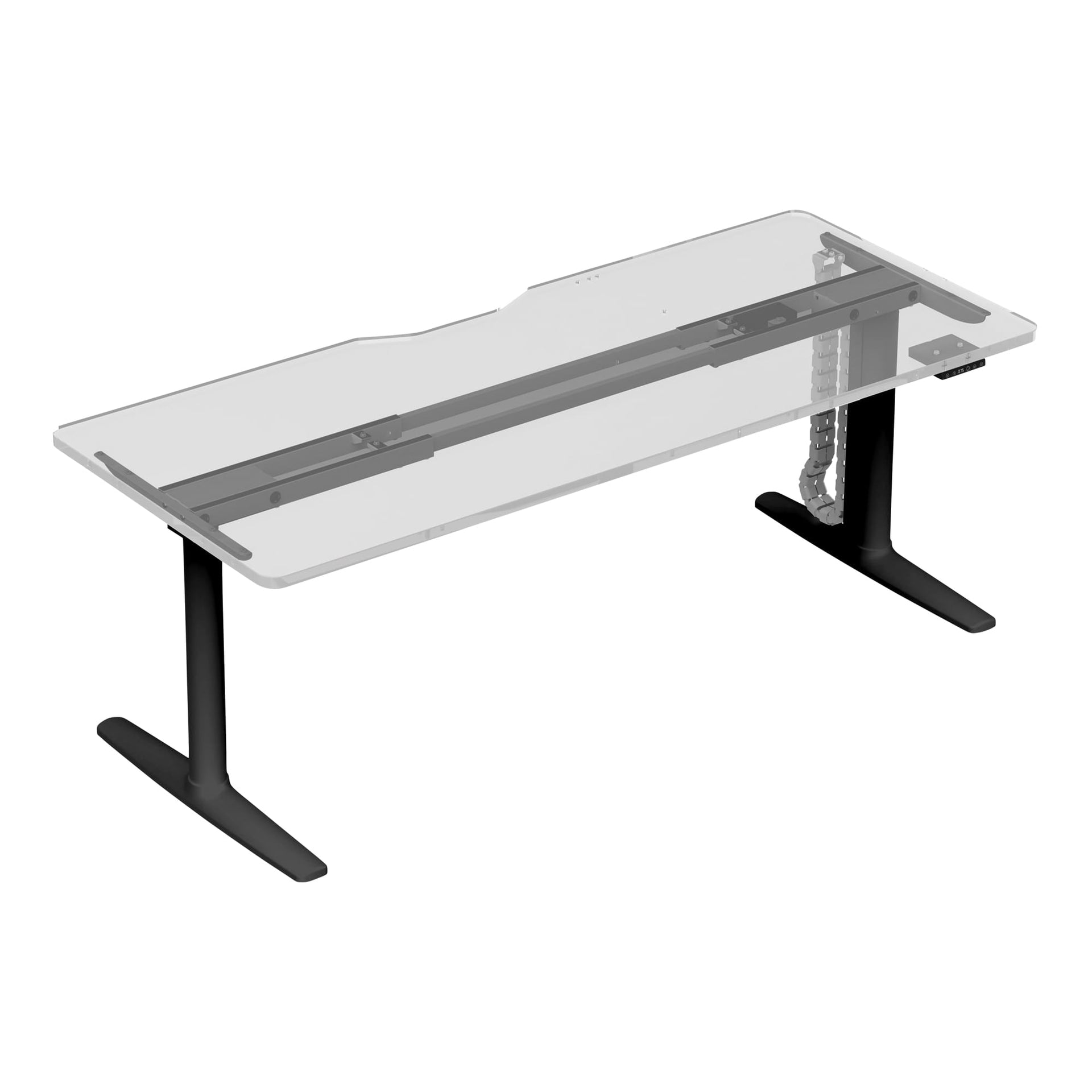 Alternate angle of Buro Syntra Height Adjustable Desk 1800 x 750mm Black Top White Frame showing profile and construction detail