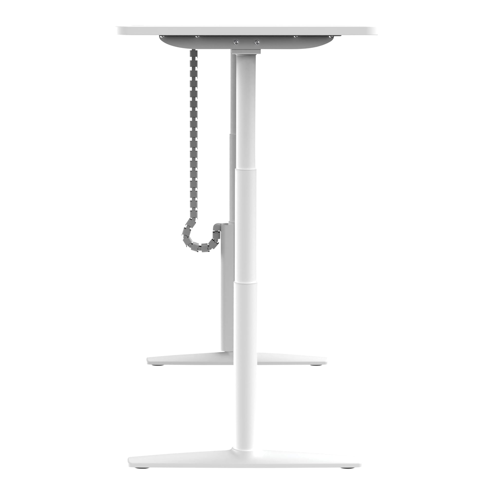 Alternate angle of Buro Syntra Height Adjustable Desk 1800 x 750mm White Top White Frame showing profile and construction detail