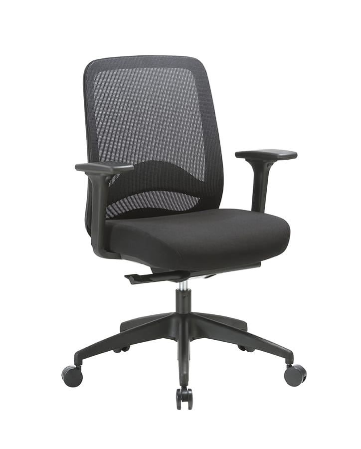 Alternate angle of Buro Vela Chair Mid Back Mesh Black showing profile and construction detail
