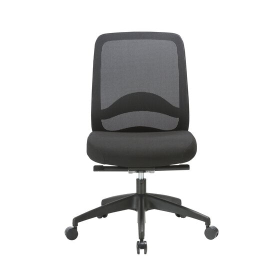Front view of the black Buro Vela mesh chair without arms showing the full width of the mesh back and the upholstered seat