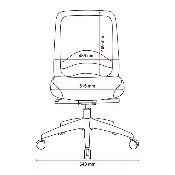 Front line drawing of the Buro Vela chair without arms marked with a 485mm back width, 515mm seat width and 640mm base