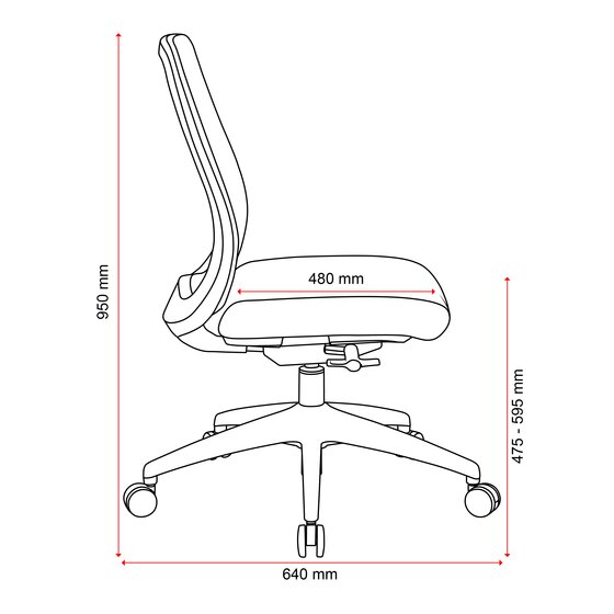 Side line drawing of the Buro Vela chair marked with a 950mm overall height, 480mm seat depth and 475 to 595mm seat height