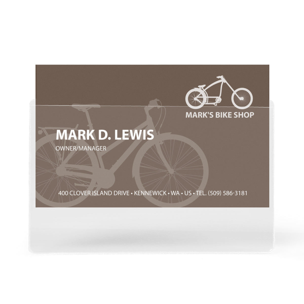3L long side opening business card pocket holding a Mark's Bike Shop card in landscape