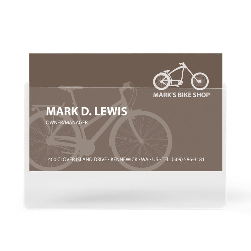 3L long side opening business card pocket holding a Mark's Bike Shop card in landscape