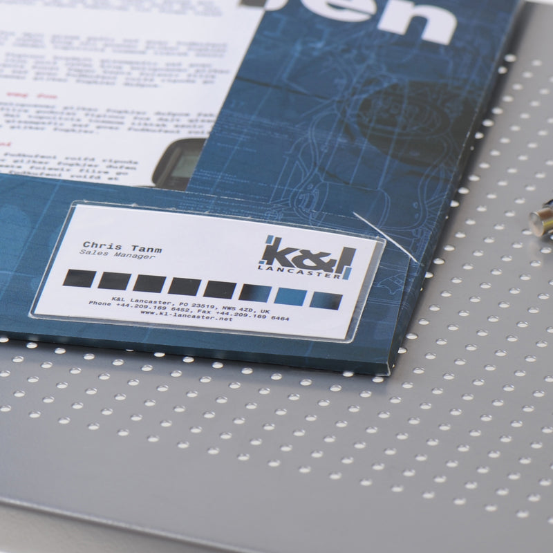 3L long side opening card pocket holding a K and I Lancaster business card on a blue folder