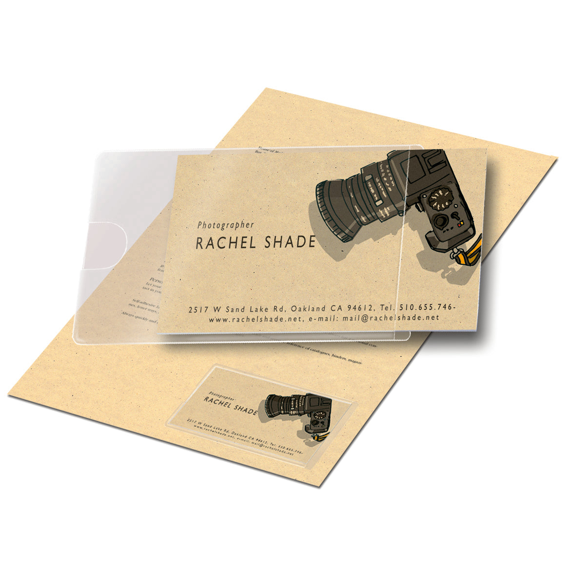 3L clear short side opening card pocket on a cream sheet, holding a photographer business card