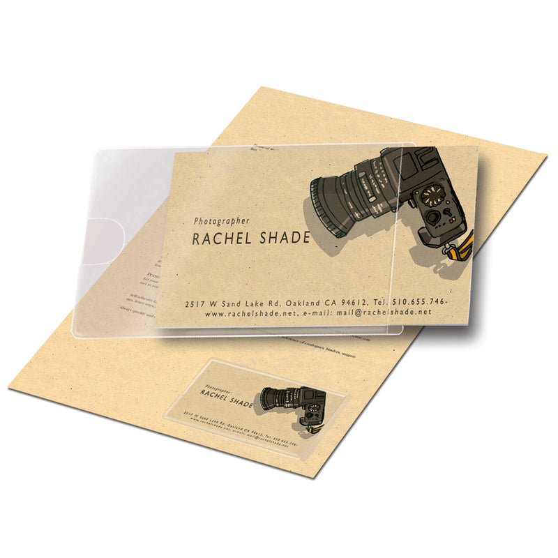 3L clear short side opening card pocket on a cream sheet, holding a photographer business card