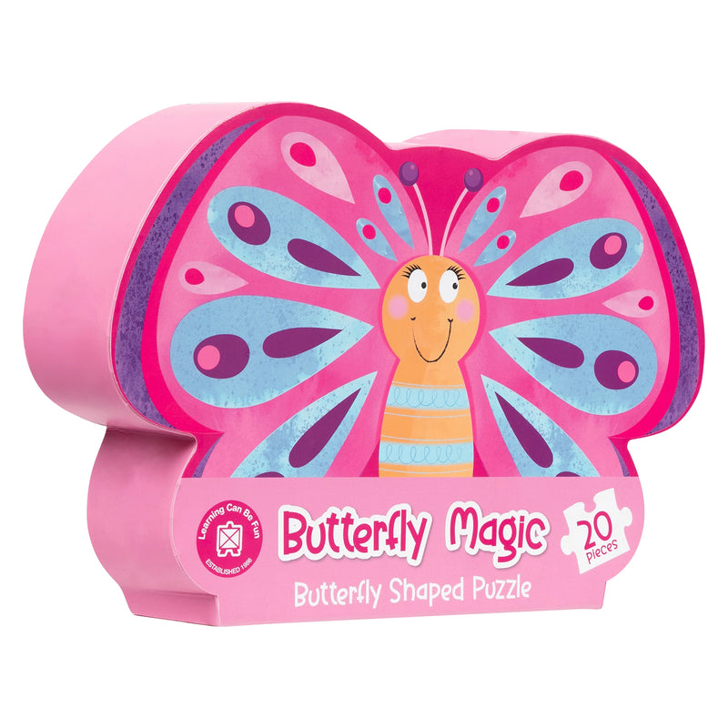 Retail packaging for the Butterfly Magic Butterfly Shaped Puzzle featuring the completed butterfly artwork on bright pink packaging. The box highlights the 20 piece count and child friendly design suitable for children aged three years and above.